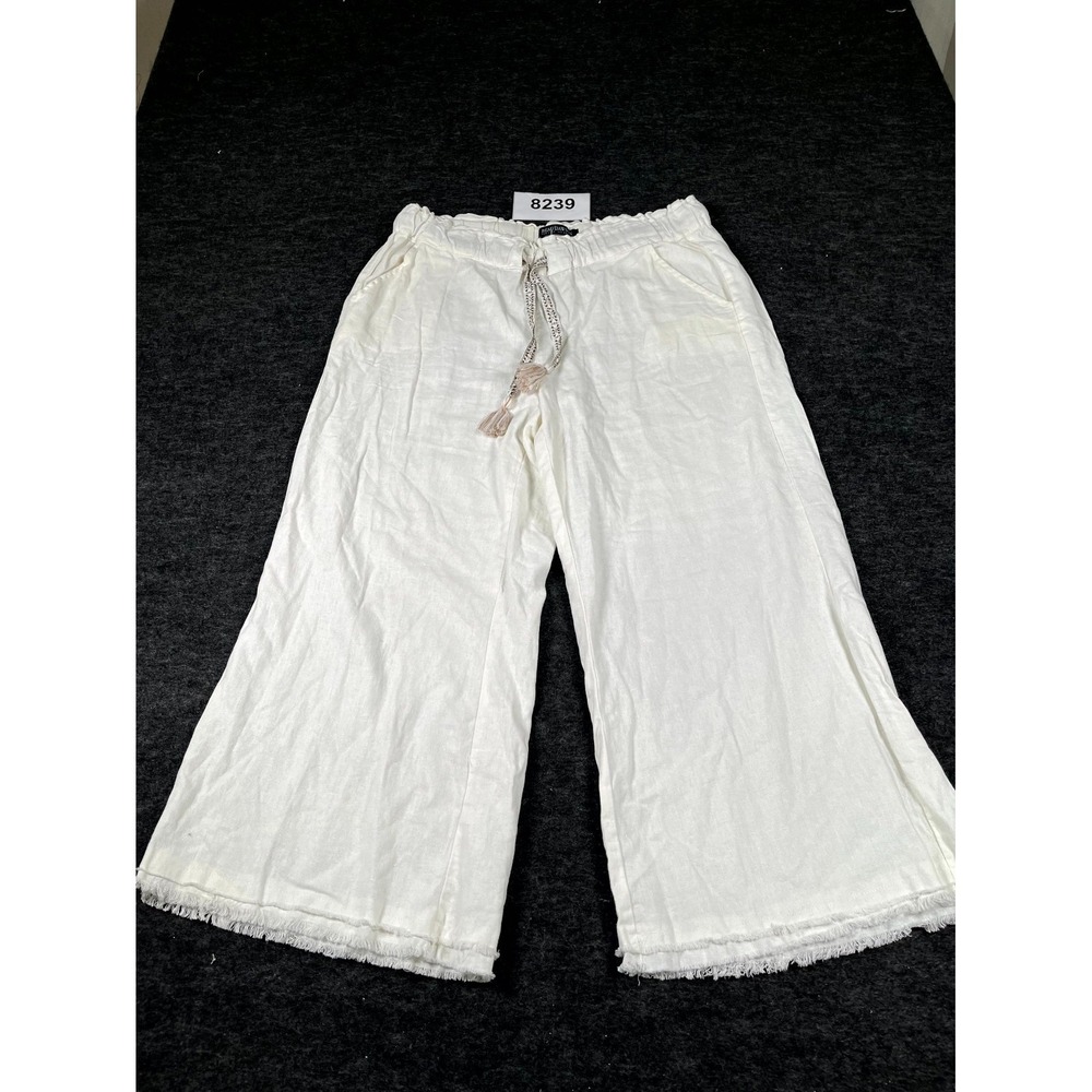 Beau Dawson Pants Womens Large White Linen Drawstring Raw Hem Wide Leg Casual